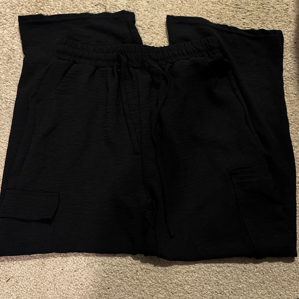 Black Wide Leg Drawstring Cargo Pants